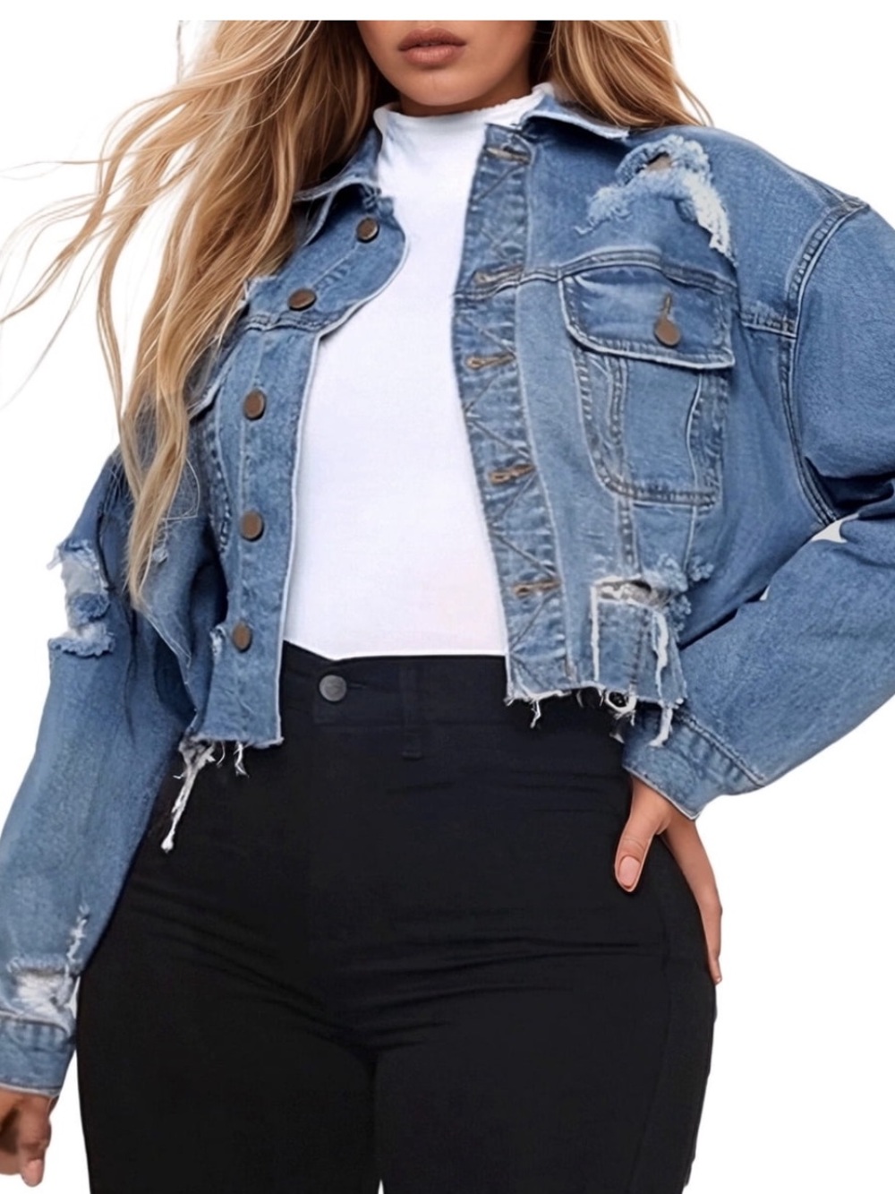 Highway Distressed Y2K Cropped Jean Jacket Size Large